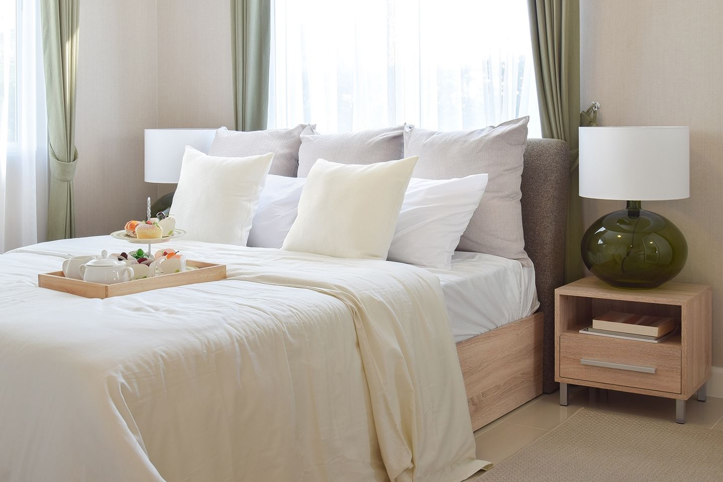 Bedroom with breakfast tray on a bed