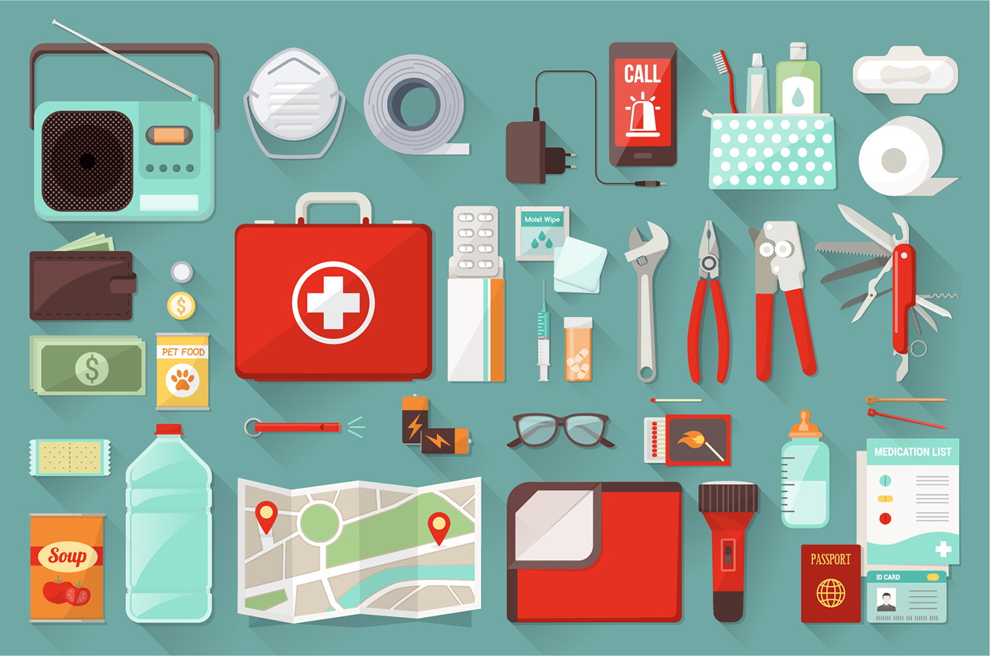 Illustration of emergency kit items