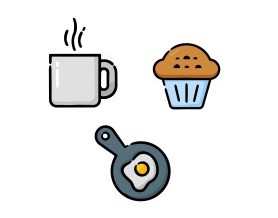 Illustration of coffee cup, muffin and eggs in a frying pan