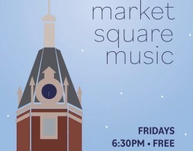 Image of City Hall clock tower with text "market square music"
