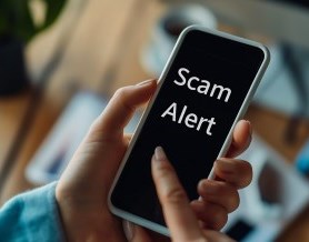 Image of someone holding a phone, with the words Scam Alert on the screen